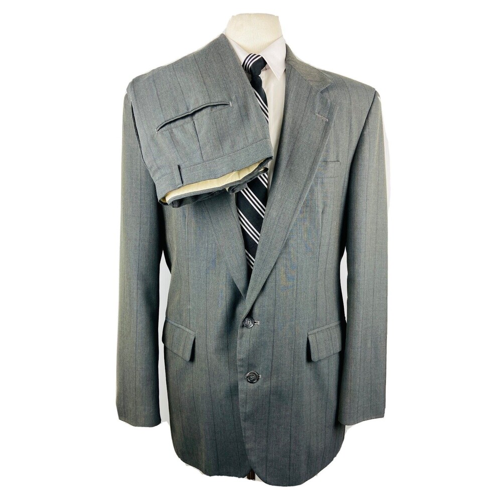 VINTAGE Mens 42L Gray Stripe USA Soft 100% Wool 2 Piece Suit W/Dress Pants 36x31